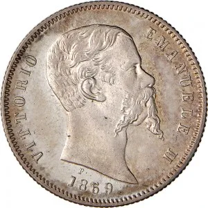 A nome di Vittorio Emanuele II di Savoia 1859 1861 Governo delle Regie Province dell'Emilia 1 lira 1859 Scudo sannitico 23 mm 4,99 5,00 g Ag dritto