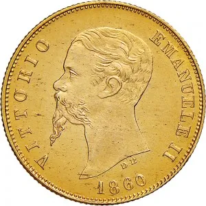 A nome di Vittorio Emanuele II di Savoia 1859 1861 Governo delle Regie Province dell'Emilia 10 lire 1860 Valore entro semicorona di alloro 18,0 18,5 mm 3,22 g Au dritto