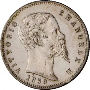 A nome di Vittorio Emanuele II di Savoia 1859 1861 Governo delle Regie Province dell'Emilia 2 lire 1859 1860 Scudo sannitico 27 mm 9,96 10,00 g Ag dritto