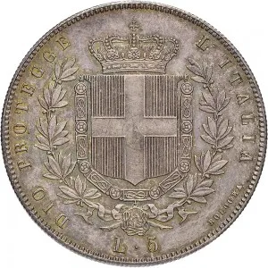 A nome di Vittorio Emanuele II di Savoia 1859 1861 Governo delle Regie Province dell'Emilia 5 lire 1859 1860 Scudo sannitico 36,5 mm 24,96 25,00 g Ag rovescio