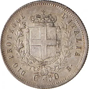 A nome di Vittorio Emanuele II di Savoia 1859 1861 Governo delle Regie Province dell'Emilia 50 centesimi 1859 Scudo sannitico 17 mm 2,34 2,51 g Ag rovescio