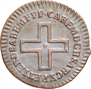 Carlo Emanuele III di Savoia 1730 1773 Regno di Sardegna Periodo posteriore alla riforma monetaria del 1754 2 denari da 1 6 di soldo 1755 1772 Nodo d'amore 16 mm 1,43 1,96 g Cu dritto