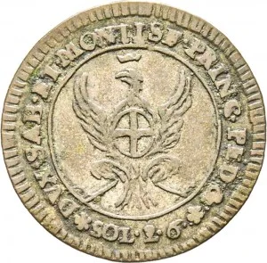 Carlo Emanuele III di Savoia 1730 1773 Regno di Sardegna Periodo posteriore alla riforma monetaria del 1754 2,6 soldi 1755 1758 Aquila spiegata 20 21 mm 2,17 3,05 g Mi rovescio