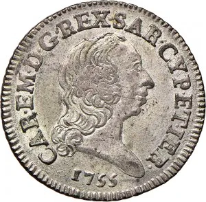 Carlo Emanuele III di Savoia 1730 1773 Regno di Sardegna Periodo posteriore alla riforma monetaria del 1754 7,6 soldi 1755 1758 Scudo ovale a cartoccio 26 mm 3,90 5,11 g Mi dritto