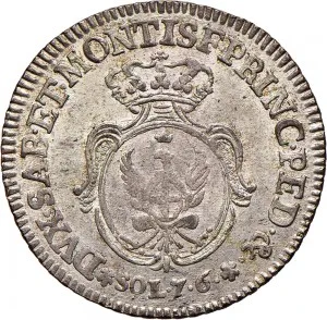 Carlo Emanuele III di Savoia 1730 1773 Regno di Sardegna Periodo posteriore alla riforma monetaria del 1754 7,6 soldi 1755 1758 Scudo ovale a cartoccio 26 mm 3,90 5,11 g Mi rovescio