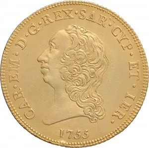 Carlo Emanuele III di Savoia 1730 1773 Regno di Sardegna Periodo posteriore alla riforma monetaria del 1754 Carlino da 5 doppie 1755 1768 Scudo rotondo 41 42 mm 43,03 48,24 g Au dritto