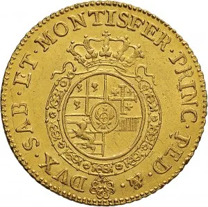 Carlo Emanuele III di Savoia 1730 1773 Regno di Sardegna Periodo posteriore alla riforma monetaria del 1754 Doppia da 4 scudi 1755 1772 Scudo rotondo 26 27 mm 9,55 9,62 g Au rovescio