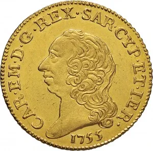 Carlo Emanuele III di Savoia 1730 1773 Regno di Sardegna Periodo posteriore alla riforma monetaria del 1754 Doppia da 4 scudi 1755 1772 Scudo rotondo 26 27 mm 9,55 9,62 g Au dritto