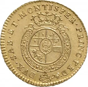 Carlo Emanuele III di Savoia 1730 1773 Regno di Sardegna Periodo posteriore alla riforma monetaria del 1754 Mezza doppia da 2 scudi 1755 1772 Scudo rotondo 21 22 mm 4,40 4,85 g Au rovescio