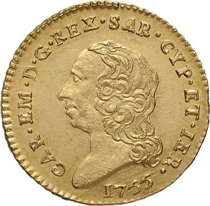 Carlo Emanuele III di Savoia 1730 1773 Regno di Sardegna Periodo posteriore alla riforma monetaria del 1754 Mezza doppia da 2 scudi 1755 1772 Scudo rotondo 21 22 mm 4,40 4,85 g Au dritto