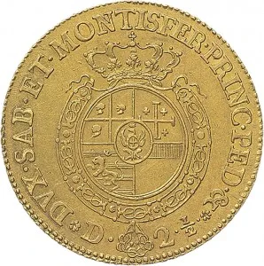 Carlo Emanuele III di Savoia 1730 1773 Regno di Sardegna Periodo posteriore alla riforma monetaria del 1754 Mezzo carlino da 2,5 doppie 1755 1757 Scudo rotondo 35 36 mm 23,13 24,10 g Au rovescio