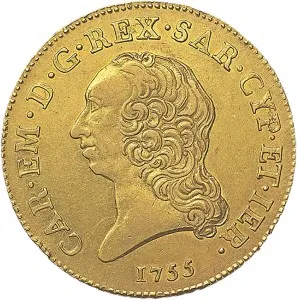 Carlo Emanuele III di Savoia 1730 1773 Regno di Sardegna Periodo posteriore alla riforma monetaria del 1754 Mezzo carlino da 2,5 doppie 1755 1757 Scudo rotondo 35 36 mm 23,13 24,10 g Au dritto