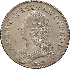 Carlo Emanuele III di Savoia 1730 1773 Regno di Sardegna Periodo posteriore alla riforma monetaria del 1754 Mezzo scudo da 3 lire 1755 1772 Scudo rotondo 37 mm 16,92 17,55 g Ag dritto