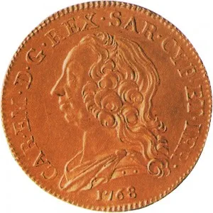 Carlo Emanuele III di Savoia 1730 1773 Regno di Sardegna Periodo posteriore alla riforma monetaria del 1754 Monetazione per la Sardegna Carlino da 5 doppiette 1768 1769 Scudo ovale a cartoccio 31 32 mm 15,85 16,04 g Au dritto