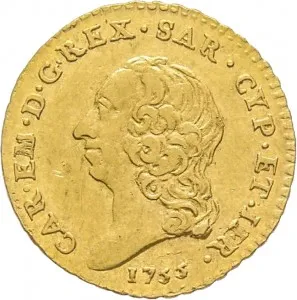 Carlo Emanuele III di Savoia 1730 1773 Regno di Sardegna Periodo posteriore alla riforma monetaria del 1754 Quarto di doppia 1755 1757 Scudo rotondo 18 19 mm 2,33 2,40 g Au dritto