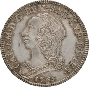 Carlo Emanuele III di Savoia 1730 1773 Regno di Sardegna Periodo posteriore alla riforma monetaria del 1754 Quarto di scudo 1755 1772 Scudo rotondo 30 mm 8,24 8,79 g Ag dritto