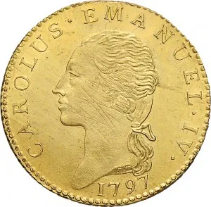 Carlo Emanuele IV di Savoia 1796 1800 Regno di Sardegna Doppia da 4 scudi 1797 1800 Aquila spiegata 25 26 mm 9,00 9,14 g Au dritto