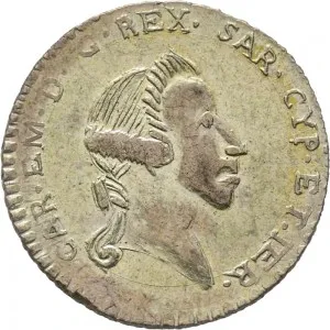 Carlo Emanuele IV di Savoia 1796 1800 Regno di Sardegna Monetazione per la Sardegna Reale da 5 soldi 1797 1799 Iscrizione 22 23 mm 2,85 3,27 g Mi dritto