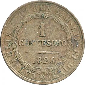 Carlo Felice di Savoia 1821 1831 Regno di Sardegna 1 centesimo 1826 Scudo triangolare rialzato 19 mm 1,84 2,08 g Cu dritto