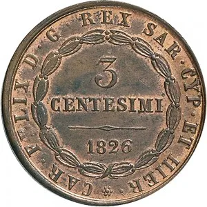 Carlo Felice di Savoia 1821 1831 Regno di Sardegna 3 centesimi 1826 Scudo triangolare rialzato 23 mm 5,87 6,00 g Cu dritto