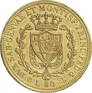 Carlo Felice di Savoia 1821 1831 Regno di Sardegna 80 lire 1823 1831 Scudo triangolare rialzato 33 mm 25,68 25,83 g Au rovescio