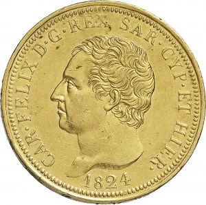 Carlo Felice di Savoia 1821 1831 Regno di Sardegna 80 lire 1823 1831 Scudo triangolare rialzato 33 mm 25,68 25,83 g Au dritto