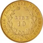 Governo delle Regie Province dell'Emilia A nome di Vittorio Emanuele II di Savoia 1859 1861 10 lire 1860 Valore entro semicorona di alloro 18 mm 3,22 0 g Au rovescio