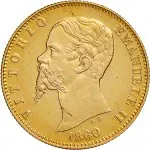 Governo delle Regie Province dell'Emilia A nome di Vittorio Emanuele II di Savoia 1859 1861 20 lire 1860 Valore entro semicorona di alloro 20.5 mm 6,44 6,45 g Au dritto