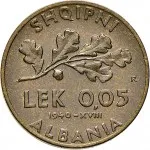 Regno d'Albania 2 periodo Vittorio Emanuele III di Savoia 1939 1943 0,05 lek 1940 Anno XVIII 1941 Anno XIX Ramo di quercia 19.5 mm 2,508 3,392 g Ba rovescio