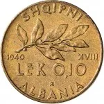 Regno d'Albania 2 periodo Vittorio Emanuele III di Savoia 1939 1943 0,10 lek 1940 Anno XVIII 1941 Anno XIX Ramo di alloro 22.5 mm 4,165 5,636 g Ba rovescio