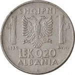Regno d'Albania 2 periodo Vittorio Emanuele III di Savoia 1939 1943 0,20 lek 1939 Anno XVIII 1941 Anno XIX Aquila bicipite 21.7 mm 3,92 4,08 g Ac rovescio