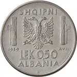 Regno d'Albania 2 periodo Vittorio Emanuele III di Savoia 1939 1943 0,50 lek 1939 Anno XVIII 1941 Anno XIX Aquila bicipite 24.1 mm 5,88 6,12 g Ac rovescio