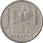 Regno d'Albania 2 periodo Vittorio Emanuele III di Savoia 1939 1943 1 lek 1939 Anno XVIII 1941 Anno XIX Aquila bicipite 26.7 mm 7,84 8,16 g Ac rovescio