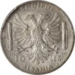Regno d'Albania 2 periodo Vittorio Emanuele III di Savoia 1939 1943 10 lek 1939 Anno XVII Aquila bicipite 27 mm 9,452 10,05 g Ag rovescio