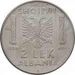 Regno d'Albania 2 periodo Vittorio Emanuele III di Savoia 1939 1943 2 lek 1939 Anno XVIII 1941 Anno XIX Aquila bicipite 29.6 mm 9,8 10,2 g Ac rovescio