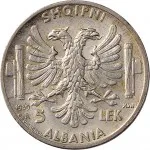 Regno d'Albania 2 periodo Vittorio Emanuele III di Savoia 1939 1943 5 lek 1939 Anno XVII Aquila bicipite 23 mm 4,726 5,025 g Ag rovescio