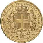 Regno di Sardegna Carlo Alberto di Savoia 1831 1849 100 lire 1832 1842 Scudo sannitico 34 mm 32,09 32,26 g Au rovescio