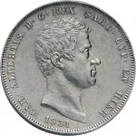 Regno di Sardegna Carlo Alberto di Savoia 1831 1849 5 lire 1831 Scudo sannitico 1 tipo 37 mm 24,72 25,03 g Ag dritto