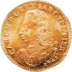 Regno di Sardegna Carlo Emanuele III di Savoia 1730 1773 Periodo anteriore alla riforma monetaria del 1754 Doppia da 4 scudi 1741 1742 Scudo sagomato 2 tipo 25 mm 7 7,23 g Au dritto