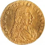 Regno di Sardegna Carlo Emanuele III di Savoia 1730 1773 Periodo anteriore alla riforma monetaria del 1754 Mezza doppia da 2 scudi 1733 1734 Scudo sagomato 1 tipo 20 mm 3,3 0 g Au dritto