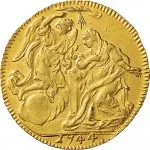 Regno di Sardegna Carlo Emanuele III di Savoia 1730 1773 Periodo anteriore alla riforma monetaria del 1754 Zecchino da 9,15 lire 1743 1744 Annunciazione 1 tipo 21 mm 3,36 3,46 g Au rovescio