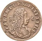 Regno di Sardegna Carlo Emanuele III di Savoia 1730 1773 Periodo anteriore alla riforma monetaria del 1754Monetazione per la Sardegna 3 cagliaresi da sei denari 1732 Croce piana 1 tipo 24 mm 5,48 7,014 g Cu dritto