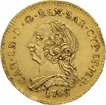 Regno di Sardegna Carlo Emanuele III di Savoia 1730 1773 Periodo posteriore alla riforma monetaria del 1754Monetazione per la Sardegna Doppietta da 10 reali 1768 1772 Scudo ovale a cartoccio 22 mm 3,13 3,21 g Au dritto