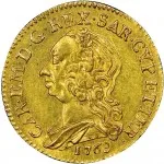 Regno di Sardegna Carlo Emanuele III di Savoia 1730 1773 Periodo posteriore alla riforma monetaria del 1754Monetazione per la Sardegna Mezzo carlino da 2,5 doppiette 1768 1771 Scudo ovale a cartoccio 27 mm 7,92 8,03 g Au dritto