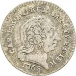 Regno di Sardegna Carlo Emanuele III di Savoia 1730 1773 Periodo posteriore alla riforma monetaria del 1754Monetazione per la Sardegna Mezzo reale da 2,6 soldi 1768 1772 Scudo rotondo 20 mm 2,1 2,65 g Mi dritto