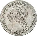 Regno di Sardegna Carlo Emanuele III di Savoia 1730 1773 Periodo posteriore alla riforma monetaria del 1754Monetazione per la Sardegna Quarto di scudo 1768 1772 Scudo a cartoccio 27 mm 5,59 5,85 g Ag dritto