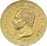 Regno di Sardegna Carlo Felice di Savoia 1821 1831 40 lire 1822 1831 Scudo triangolare rialzato 26 mm 12,89 12,91 g Au dritto