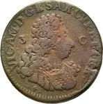 Regno di Sardegna Vittorio Amedeo II di Savoia 1720 1730Monetazione per la Sardegna 3 cagliaresi da sei denari 1724 Croce piana 24 mm 6,32 6,8 g Cu dritto