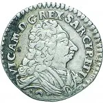 Regno di Sardegna Vittorio Amedeo II di Savoia 1720 1730Monetazione per la Sardegna Mezzo reale da 2,6 soldi 1727 Croce di San Maurizio 15 mm 1,04 1,16 g Ag dritto