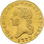 Regno di Sardegna Vittorio Amedeo III di Savoia 1773 1796 Quarto di doppia 1773 1785 Scudo rotondo 1 tipo 18 mm 2,39 2,4 g Au dritto